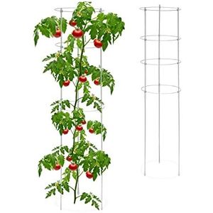 Relaxdays tomatensteun set van 2, kunststof & metaal, 120 cm hoog, 4 verstelbare ringen, plantenrek, grijs