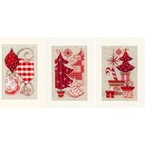 Vervaco Kerstkaarten in rood, set van 3 wenskaarten om te borduren in kruissteek, katoen, meerkleurig, 10,5 x 15 x 0,3 cm, 3 stuks