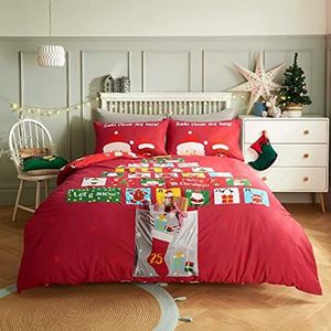 Sleepdown Kerst Adventskalender Pocket Rood Omkeerbaar Zacht Gemakkelijk Onderhoud Dekbedovertrek Quilt Beddengoed Set met Kussenslopen - Dubbel (200cm x 200cm), Polykatoen