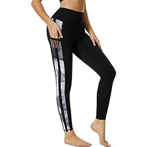 Flatik Leggings voor dames, met zakken, ondoorzichtige sportlegging voor dames, fitnessbroek, sportbroek, hardlooplegging, zwart (druk), S