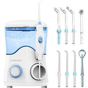 TUREWELL Elektrische monddouche, professionele monddouche met 10 instelbare waterdrukwaarden, 600 ml inhoud en 8 multifunctionele sproeierpunten (wit)