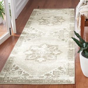 SAFAVIEH TSN102W-26 Wasbaar tapijt Tucson Collection - 5,5 cm x 15,8 cm loper, salie en ivoor, antislip, ideaal voor ruimtes met veel verkeer in woonkamer, hal, foyer, keuken, slaapkamer