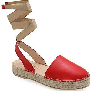41 Rode Emmanuela Lederen Espadrilles, Mid Wedge-schoenen, Kant zomerschoenen voor vrouwen, Espadrilles van hoge kwaliteit, volledig handgemaakt en man genaaid in Griekenland