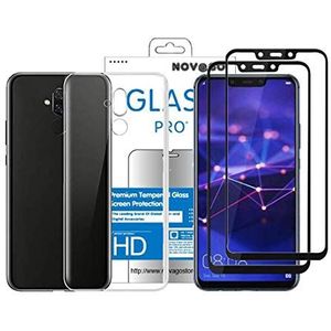 Novago compatibel met Huawei Mate 20 Lite (3 in 1), 2 screen protectors gemaakt van gehard glas, dekt het hele beeldscherm af + 1 transparante beschermhoes, robuust en schokbestendig (zwart)