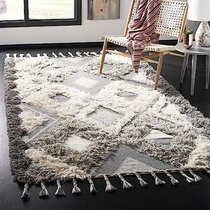 Safavieh Breanna Boho-Chic Tasseled Shag tapijt, handgeweven wollen tapijt in grijs/Ivoor, 160 X 228 cm