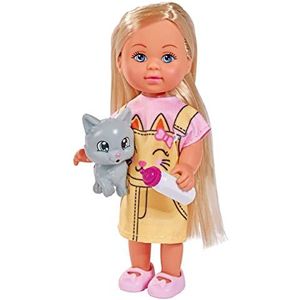 Simba 105733591 - Evi Love, Evi draagt een schattig jurkje met katopdruk, baby kat en drinkfles, 12cm, vanaf 3 jaar