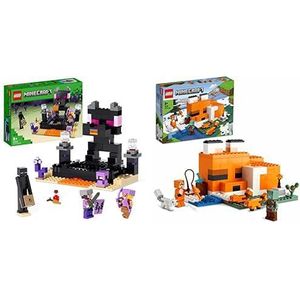 LEGO Minecraft De Eindarena, Speler vs Speler Duel, vanaf 8 jaar met Lava, en Enderman Poppetje, 21242 & LEGO Minecraft De Vossenhut Set met Verdronken Zombie, 21178