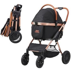 VEVOR Kinderwagen, 4 wielen hondenwandelwagen roteren met remmen, 65 lbs gewichtscapaciteit, puppywandelwagen met afneembare drager, opbergmand en huisdierkussen, voor kleine tot middelgrote honden,