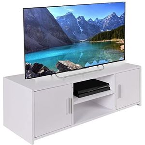 BAKAJI TV-meubel van MDF-hout, dressoir met televisiestandaard, 2 open vakken, voor videospelconsoles, dvd's en 2 deuren, afmetingen: 110 x 35 x 36 cm, kleur: wit, modern design