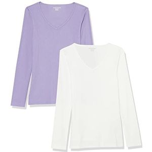 Amazon Essentials Slim-fit lange mouwen gebreide rib V-hals voor dames voor gelaagdheid (verkrijgbaar in grote maten), pak van 2, wit/paars, M