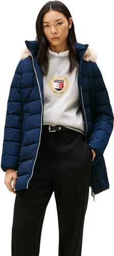 TOMMY HILFIGER - Wintermantel - Blauw - Gewatteerde Jas - Capuchon met Nepbont Kraag
