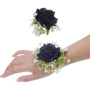 Rikyo Set van 2 stuks bloemen pols corsage boutonniere set, 10 cm kunstmatige roos en gipskruid handgemaakte zijden bloem voor bruiloft bloemen accessoires prom pak decor (donkerblauw)