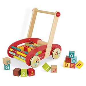 Janod - Tatoo Abc Buggy Wooden Walker for Children - 30 Blocks Included - For children from the Age of 1, J05379, Red