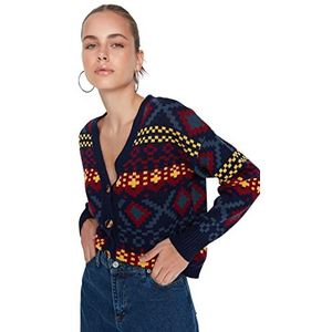 Trendyol Damestrui met V-hals en patroon, Regular Cardigan Sweater, Marineblauw, S, marineblauw, S