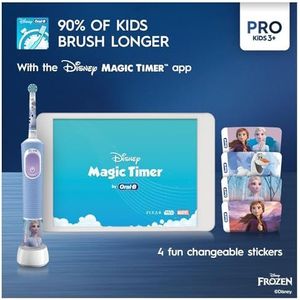 Oral-B Pro Kids elektrische tandenborstel, kindergeschenken, 1 tandenborstelkop, x4 bevroren stickers, 1 reiskoffer, 2 modi met kindvriendelijke gevoelige modus, voor kinderen vanaf 3 jaar, 2-pins