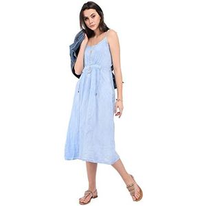 Bonateks Damesjurk, 100% linnen, gemaakt in Italië, lange jurk met bandjes met veters aan de voorkant en zakken, hemelsblauw, maat: XL, Hemel, XL
