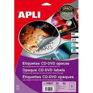 APLI 10601 - Permanente CD/DVD-labels mega formaat ondoorzichtige achterkant 25 vellen I/L/C