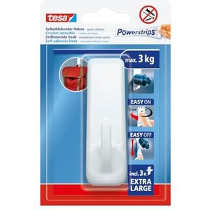 tesa Powerstrips Zelfklevende Haak XL Rechthoekig - Extra Sterke Grip - Herbruikbare Muurhaak voor Badkamer of Keuken - Montage zonder Boren - Wit - 1 x Haak 3 x Powerstrips XL