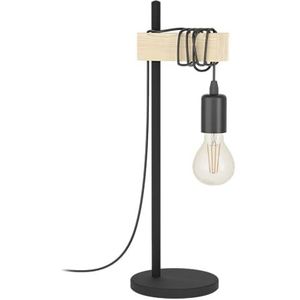 EGLO tafellamp Townshend, vintage nachtlampje in industrieel ontwerp, retro lamp, woonkamerlamp van staal en hout, kleur zwart, bruin, FSC gecertificeerd, E27 fitting, incl. schakelaar