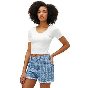 Koton Dames Ribbed V-hals korte mouw crop T-shirt, ecru (010), XL