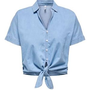 Blouse - Effen - Denim - Kwartmouw - Normale Pasvorm