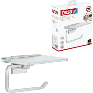 tesa® Exxclusiv toiletrolhouder met plank, zelfklevend, roestvrijstalen look, stijlvol ontwerp, 140 mm x 165 mm x 101 mm