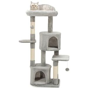 lionto krabpaal voor katten met 2 pluche ballen incl. belletjes, hoogte 115 cm, kattenboom met sisaltouw & zacht pluche, comfortabele ligplek & grotten, geschikt voor kleine & grote katten, lichtgrijs