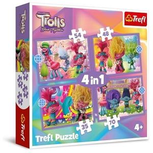 Trefl–Trolls Band Together, Avonturen van kleurrijke trollen–4 puzzels van 35 tot 70 stukjes– Kleurrijke puzzels met de helden uit de cartoon, voor kinderen vanaf 4 jaar
