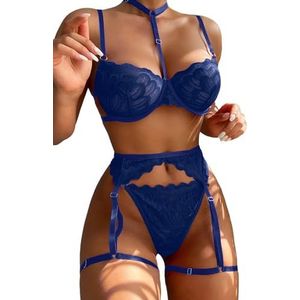 Lilosy Sexy Choker Bloemen Kant Onderdraad Push Up Jarretelgordel Lingerie Set voor Vrouwen Sheer BH en Panty 3-delig, Blauw, M