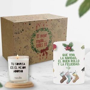 Happymots Cadeauset Vrolijk Kerstfeest | mok Kerstmis + geurkaars | origineel cadeau-idee voor Kerstmis | klaar om cadeau te geven met versierde kraftdoos en kerstboodschap