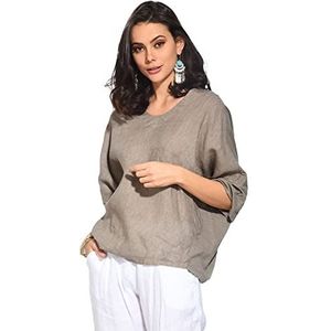 Bonateks Tuniek met bovenstuk voor dames, 100% linnen, gemaakt in Italië, top van twee materialen met ronde hals en vleermuismouwen, Desert, maat: S, Woestijn, S