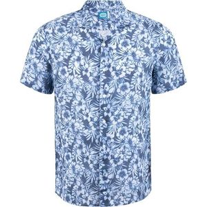 Panareha Men's Hawaiian Linen Floral Aloha Shirt MAUI Blue (L)