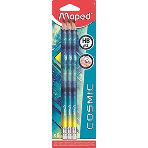 Maped - Grafietstiften HB #2 Black'Peps Tattoo Cosmic Tieners, potloden van hout met gum, ergonomische vorm, 6 potloden, willekeurige kleur