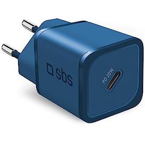 SBS Draagbare oplader voor Samsung, iPhone, Xiaomi, Oppo, 20 W, snellader Gan voor smartphones en tablets, snelle en veilige oplader met USB-C, blauw