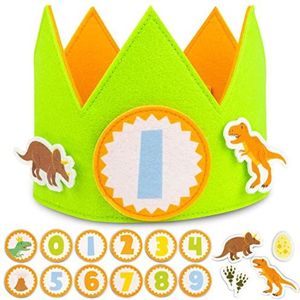 Dinosaurus verjaardagskroon met verwisselbare getallen van 0 tot 9 & themafiguren - BONNYCO | Verjaardagsgeschenken voor de 1ste verjaardag voor jongens meisjes, feestversiering, 1ste verjaardagskroon