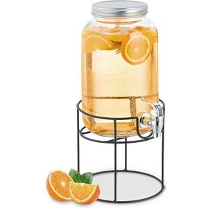 Relaxdays drankdispenser met houder, tapkraan & deksel, 3,3 liter, glas, limonadetap, sapkan met kraantje, transparant