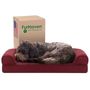Furhaven Huisdierbed voor honden en katten - gewatteerde sofa-stijl koelgel schuim hondenbed, afneembare machinewasbare hoes - wijnrood, medium