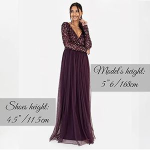 Maya Deluxe Damen Maxi-jurk voor dames, lange mouwen, V-hals, diepe pailletten, verfraaid voor bruiloft, gast, bruidsmeisje, galajurk, A-lijn, 36