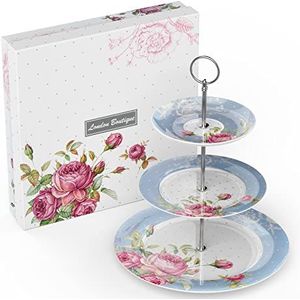 London Boutique Cake Stand 3 Tier Middag Thee Cake Stands Borden Nieuwe Bone China Vintage Flora voor Thee Party High Tea Thuis Gift voor Haar (Blauw)