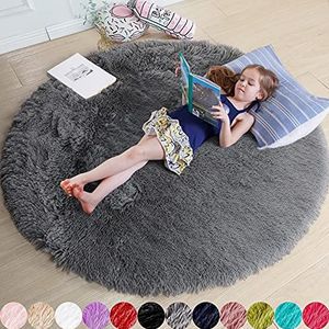 Grijs rond tapijt voor slaapkamer, pluizig cirkeltapijt 12,5 x 11 cm voor kinderkamer, pluizig tapijt voor tienerkamer, ruig rond tapijt voor kinderkamer, donzig pluche tapijt voor slaapzaal, grijs