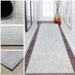 Tadi & Imperio1979 Lang tapijt van gevlochten vinyl, voor hal, keuken of slaapkamer, kleur: ivoor, zilver, hoge weerstand, antislip PVC achterkant (Twist Feston 1019)