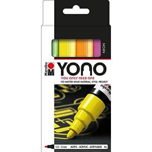 Marabu YONO 124000004000 Marker Set Neon met 4 kleuren, veelzijdige acrylstiften met Japanse ronde punt, 1,5-3 mm, op waterbasis, lichtecht en waterbestendig, voor bijna alle ondergronden