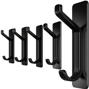 Menz Zelfklevende haken, extra sterk, in 5-delige set, zwart, zelfklevende haken van roestvrij staal, belastbare deurhaken, handdoekhaken, flexibele kledinghaken, ruimtebesparend, zonder boren