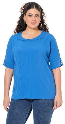 Ulla Popken Blouse met sjaalkraag voor dames, grote maten, plussize, linnenmix, petrolblauw, 42-44
