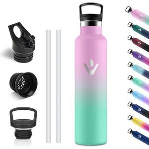 Vikastar Roestvrijstalen drinkfles, thermosfles, 1 l, BPA-vrije drinkfles, thermosfles met rietje, drinkfles voor school, sport, fiets, camping, lichtroze en lichtgroen