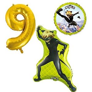 Cat Noir Ballonset ballon met gouden cijfer 9, kinderverjaardag, geschikt voor helium, decoratie voor kinderverjaardag, feest, themafeest, themafeest, themafeest