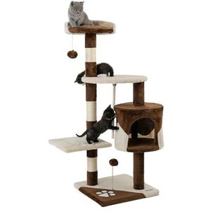 lionto krabpaal voor katten met 2 pluche ballen & speeltouw, hoogte 112 cm, kattenboom met sisaltouw & pluche, comfortabele ligplaats & hol, geschikt voor kleine & grote katten, bruin/beige