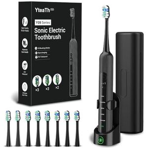 Elektrische sonische tandenborstel voor volwassenen en kinderen, 5 poetsmodi met 3 intensiteitsniveaus, timer, 8 reserveborstelkoppen en reisetui, oplaadbare sonische tandenborstel, zwart