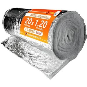 Optimer System - Warmte-isolatierol van aluminium, zelfklevend, vuurvast, thermische isolatie met twee 7 lagen, 20 m x 1,2 m, rol 24 m²