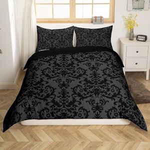 Erosebridal Beddengoed met damast voor volwassenen, zwart, antiek Victoriaans barok dekbedovertrek, queensize, gotisch, vintage, bloemen, dekbedovertrek met Boheemse exotische spreihoes, microvezel,